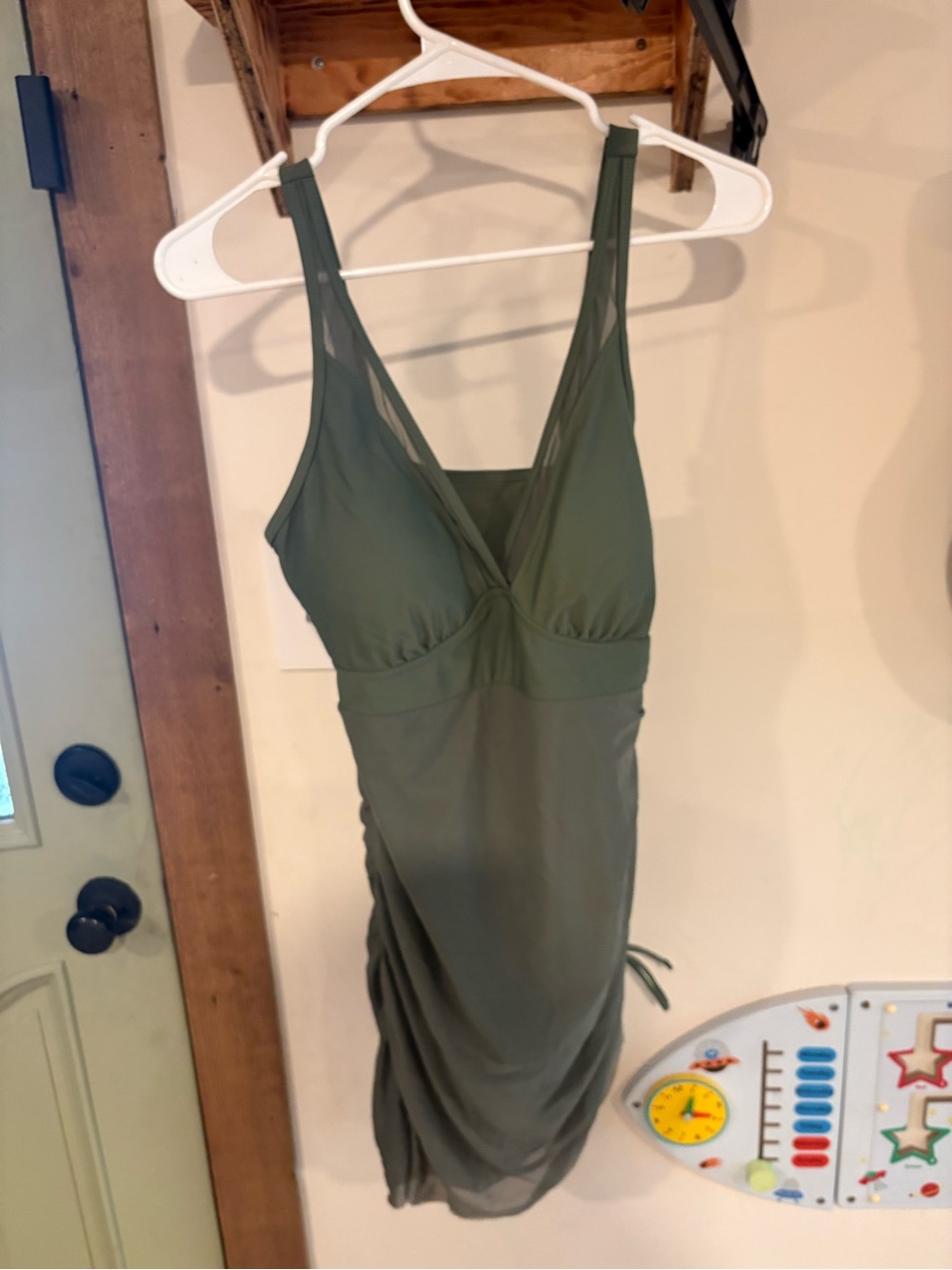 Women’s Olive Green V-Neck One Piece Bathing Suit With Built In Cover Up.